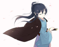 Rule 34 | 1girl, bad id, bad pixiv id, blue hair, blue kimono, closed eyes, closed mouth, commentary request, hair between eyes, holding, holding sword, holding weapon, japanese clothes, katana, kimono, long hair, long sleeves, love live!, love live! school idol project, petals, ponytail, sheath, simple background, solo, sonoda umi, standing, sword, totoki86, weapon, white background