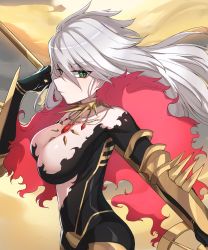 Rule 34 | 1girl, absurdres, bodysuit, breasts, closed mouth, collar, day, expressionless, fate/apocrypha, fate/grand order, fate (series), floating hair, from side, genderswap, genderswap (mtf), green eyes, grey hair, hair between eyes, highres, holding, holding weapon, k jin, karna (fate), large breasts, long hair, looking at viewer, outdoors, polearm, shawl, solo, spiked collar, spikes, tsurime, upper body, weapon