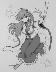 Rule 34 | 1girl, :d, absurdres, breasts, commentary request, detached sleeves, frilled skirt, frills, frog hair ornament, full body, gohei, greyscale, hair ornament, highres, holding, kamenozoki momomo, kochiya sanae, large breasts, long hair, long skirt, monochrome, one-hour drawing challenge, open mouth, shirt, shoes, signature, skirt, smile, snake hair ornament, socks, solo, star (symbol), touhou, traditional media, wide sleeves