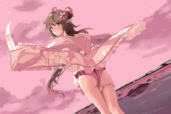 Rule 34 | 1girl, absurdres, ahoge, animal ears, arknights, ass, auguste, bare shoulders, beach, bikini, blush, bridal garter, brown hair, day, dutch angle, eyjafjalla (arknights), eyjafjalla (summer flower) (arknights), feet out of frame, flower, frills, from behind, goat ears, goat horns, hair flower, hair ornament, highres, horns, long hair, looking at viewer, looking back, off shoulder, official alternate costume, open clothes, open shirt, outdoors, parted lips, pink bikini, pink flower, pink sky, purple eyes, shirt, sky, solo, sparkle, standing, striped bikini, striped clothes, swimsuit, swimsuit cover-up, vertical-striped bikini, vertical-striped clothes, very long hair, white shirt