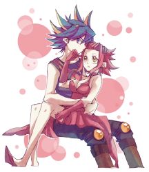 Rule 34 | 1boy, 1girl, black hair, blonde hair, blue eyes, breasts, choker, cleavage, dress, elbow gloves, fudo yusei, gloves, izayoi aki, large breasts, long hair, looking at viewer, looking up, multicolored hair, polka dot, polka dot background, red dress, red hair, short hair, simple background, sitting, sitting on person, streaked hair, thighhighs, yellow eyes, yu-gi-oh!, yu-gi-oh! 5d&#039;s