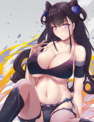 Rule 34 | arm at side, bare shoulders, belly, bikini, black bikini, black hair, boots, bow, bow bikini, breasts, bright pupils, cleavage, collarbone, curly hair, dermar, detached sleeves, double bun, fate/grand order, fate (series), feet out of frame, fishnet thighhighs, fishnets, frilled bikini, frills, hair bun, hair ornament, hair rings, hand up, highres, knee up, large breasts, long bangs, long hair, midriff, murasaki shikibu (fate), navel, open mouth, pulling own clothes, purple eyes, sitting, strap pull, swimsuit, thighhighs
