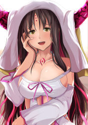 Rule 34 | 10s, 1girl, bad id, bad pixiv id, black hair, blush, breasts, cleavage, collarbone, command spell, detached sleeves, fate/extra, fate/extra ccc, fate (series), hand on own cheek, hand on own face, horns, kanzaki kureha, large breasts, long hair, looking at viewer, open mouth, sessyoin kiara, smile, solo, teeth, upper body, veil, yellow eyes
