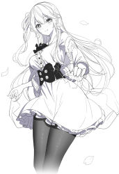 Rule 34 | 1girl, blush, braid, breasts, closed mouth, collared shirt, corset, dress shirt, emily stock, frilled skirt, frills, greyscale, hair between eyes, holding, long hair, long sleeves, looking at viewer, medium breasts, monochrome, one side up, original, pantyhose, ririko (zhuoyandesailaer), see-through, shirt, simple background, skirt, smile, solo, very long hair, white background