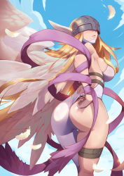 Rule 34 | 1girl, angel, angel girl, angewomon, asymmetrical ass, asymmetrical clothes, asymmetrical legwear, belt, digimon, half ass, highres, mask, revealing clothes, solo, wings