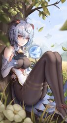 Rule 34 | 1girl, absurdres, ahoge, bare shoulders, bell, black pantyhose, blue hair, blue sky, blurry, bodystocking, breasts, closed mouth, cloud, collar, commentary, cowbell, depth of field, detached collar, detached sleeves, erbium, falling leaves, flower, flower knot, from side, ganyu (genshin impact), genshin impact, goat horns, gold trim, grass, hair between eyes, hands up, high heels, highres, horns, knees up, large breasts, leaf, long hair, long legs, long sleeves, looking ahead, looking at object, mountain, neck bell, orb, outdoors, pantyhose, pelvic curtain, purple eyes, qilin (mythology), qingxin flower, sitting, sky, smile, thighs, tree, white collar, white flower, white footwear, white sleeves, wind