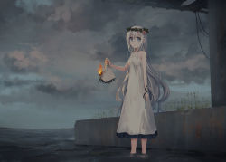 Rule 34 | 1girl, arm ribbon, bare arms, bare shoulders, black ribbon, blue eyes, burning, cloud, cloudy sky, commentary request, dress, fire, flower, hair between eyes, hair flower, hair ornament, holding, horizon, looking at viewer, ocean, original, outdoors, pink flower, pink rose, ribbon, rose, sakanaoishiiumauma, scenery, silver hair, sky, sleeveless, sleeveless dress, solo, standing, wading, water, white dress