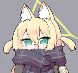 Rule 34 | 1girl, animal ear fluff, animal ears, aqua eyes, blonde hair, blue archive, blush, chibi, fang, fangs, fox ears, grey background, hair between eyes, kurumi (blue archive), looking at viewer, miranofuudoria, open mouth, plaid, plaid scarf, scarf, simple background, solo, upper body