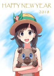 Rule 34 | 2018, :d, animal, blue background, blue eyes, braid, brown hair, creatures (company), flower, game freak, gen 7 pokemon, happy new year, hat, hat flower, holding, holding animal, na o, new year, nintendo, open mouth, pokemon, pokemon (creature), pokemon sm, rockruff, simple background, smile, sun hat, upper body