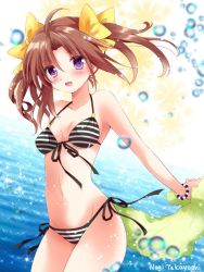 Rule 34 | 1girl, :d, ahoge, alternate costume, artist name, bare shoulders, bikini, blush, bow, breasts, brown hair, cowboy shot, hair bow, holding, holding towel, kagerou (kancolle), kantai collection, looking at viewer, navel, nogi takayoshi, one-hour drawing challenge, open mouth, purple eyes, small breasts, smile, solo, striped bikini, striped clothes, swimsuit, towel, twintails, yellow bow