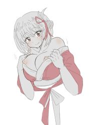 Rule 34 | 1girl, bare shoulders, blonde hair, blush, bow, breasts, clothes pull, collarbone, folded ponytail, hair ribbon, highres, japanese clothes, kimono, kimono pull, large breasts, looking at viewer, lycoris recoil, nipple slip, nipples, nishikigi chisato, no bra, obi, red eyes, red kimono, ribbon, sash, short hair, side ponytail, simple background, sketch, smile, solo, tongue, tongue out, upper body, user ankj2344, white background