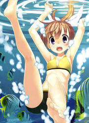 Rule 34 | 1girl, :o, absurdres, ahoge, air bubble, armpits, arms up, barefoot, bikini, bikini shorts, blue eyes, bow, breasts, brown hair, bubble, butterflyfish, dengeki moeou, feet, fish, floating hair, hair bow, highres, kagome (traumatize), kneepits, leg up, legs, long hair, looking at viewer, open mouth, ponytail, ripples, scan, shorts, small breasts, soles, solo, swimsuit, toenails, toes, tropical fish, underwater, wonder 4 world