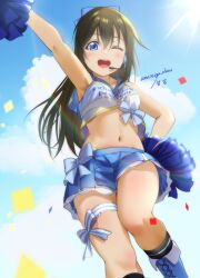 Rule 34 | 1girl, ;d, amamiya (re-amamiya), arm up, armpits, black socks, blue bow, blue eyes, blue footwear, blue sailor collar, blue shirt, blue skirt, blue sky, blush, boots, bow, breasts, brown hair, cheerleader, cloud, commentary request, confetti, crop top, day, hair between eyes, headset, highres, holding, holding pom poms, knee boots, layered skirt, long hair, looking at viewer, love live!, love live! nijigasaki high school idol club, medium breasts, navel, one eye closed, open mouth, osaka shizuku, outdoors, pom pom (cheerleading), pom poms, ponytail, print shirt, sailor collar, shirt, sidelocks, skirt, sky, smile, socks, solo, standing, standing on one leg, stomach, sunlight, teeth, thigh strap, thighs, upper teeth only