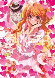 Rule 34 | 1girl, 1other, absurdres, bandai, blush, breasts, brown eyes, brown hair, cake, charlotte pudding, drill hair, embarrassed, food, highres, lips, long hair, looking at viewer, nitro (one piece), official art, one piece, open mouth, sample watermark, shiny skin, simple background, small breasts, standing, twintails, very long hair, watermark, wide hips