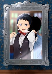 Rule 34 | 2boys, black hair, black skin, blue eyes, blue jacket, blush, bow, bowtie, buttons, collared shirt, colored skin, embarrassed, hanasaki nm, jacket, john (shadows house), long sleeves, male focus, mirror, multiple boys, open mouth, red bow, red bowtie, reflection, shadow (shadows house), shadows house, shaun (shadows house), shirt, sweatdrop, white shirt