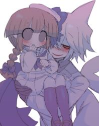 Rule 34 | 1boy, 1girl, absurdres, blue bow, blush, bow, brown hair, candyseru, carrying, carrying person, colored skin, dress, evil smile, fang, fins, fish tail, formal, funamusea, hat, highres, imminent rape, oounabara to wadanohara, pointy ears, red eyes, sailor dress, shark boy, shark fin, shark tail, size difference, smile, suit, syake (funamusea), tail, wadanohara, white hair, white skin