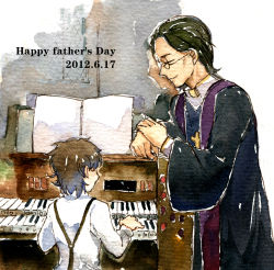 Rule 34 | 2boys, age difference, aged down, black hair, child, cross, cross necklace, dated, fate/zero, fate (series), father&#039;s day, father and son, glasses, highres, instrument, jewelry, kotomine kirei, kotomine risei, male focus, multiple boys, necklace, painting (medium), piano, priest, rakuko, stole, traditional media, watercolor (medium), wide sleeves