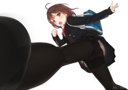 Rule 34 | 1girl, ama mitsuki, bag, black pantyhose, blush, brown eyes, brown hair, crotch seam, dated, foreshortening, from below, loafers, looking at viewer, open mouth, original, panties, panties under pantyhose, pantyhose, pantyshot, school bag, school uniform, shoes, short hair, simple background, skirt, sleeves past wrists, solo, standing, underwear, upskirt, walking, white background, white panties