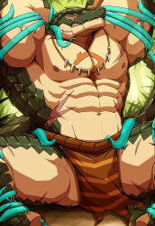 Rule 34 | 1boy, abs, absurdres, arms behind head, arms up, bara, bdsm, bondage, bound, bound arms, bound legs, chest tattoo, drks, feet out of frame, furry, furry male, highres, jewelry, large pectorals, lizardman, loincloth, male focus, mature male, muscular, muscular male, navel, necklace, nipples, overlord (maruyama), paid reward available, pectorals, plant, scar, scar on chest, scar on stomach, sharp teeth, sitting, solo, spread legs, stomach, tattoo, teeth, tentacles, tentacles on male, thighs, tooth necklace, topless male, zenberu gugu
