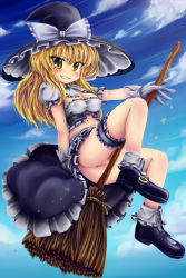 Rule 34 | 1girl, anus, blonde hair, blush, bow, breasts, broom, broom riding, bustier, censored, cleavage, covered erect nipples, female focus, gloves, grin, hat, hat bow, kirisame marisa, bridal garter, long hair, no panties, okiraku nikku, pussy, smile, solo, thigh strap, touhou, witch hat, yellow eyes