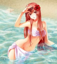 Rule 34 | 10s, 1girl, beach, brown eyes, cleavage, collarbone, flower, groin, hair flower, hair ornament, kusaribe hakaze, long hair, navel, no panties, outdoors, partially submerged, red hair, sarong, see-through, signature, solo, strapless, teka, wet, zetsuen no tempest