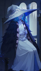 Rule 34 | 1girl, absurdres, blue eyes, blue hair, blue skin, cloak, colored skin, dress, elden ring, extra arms, fur cloak, hat, highres, lance (lancelliu), looking at viewer, ranni the witch, short hair, solo, white dress, white hat, witch hat