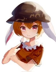 Rule 34 | 1girl, :t, animal ears, blonde hair, brown hat, commentary request, eating, flat cap, floppy ears, food, hat, highres, looking at viewer, orange shirt, plus2sf, rabbit ears, red eyes, ringo (touhou), shirt, short hair, short sleeves, simple background, solo, touhou, wagashi, white background