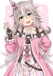 Rule 34 | 1girl, absurdres, bare shoulders, black gloves, blush, border, bridal gauntlets, choker, commentary request, cowboy shot, dress, ear covers, frilled choker, frills, gloves, green eyes, grey hair, head tilt, highres, long sleeves, looking at viewer, multicolored hair, open mouth, pink background, pink dress, simple background, single ear cover, smile, solo, streaked hair, tawashi hechima, teeth, thick eyebrows, umamusume, upper teeth only, white border, white hair, wonder acute (umamusume)