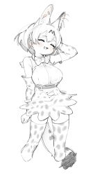 Rule 34 | 1girl, ^ ^, animal ear fluff, animal ears, animal print, arm at side, arm behind head, arm up, armpit peek, bad id, bad pixiv id, bare shoulders, belt, blush, bow, bowtie, breasts, clenched hand, closed eyes, contrapposto, cropped legs, elbow gloves, extra ears, facing viewer, gloves, greyscale, head tilt, high-waist skirt, highres, kemono friends, kona ming, large breasts, monochrome, open mouth, print bow, print bowtie, print gloves, print neckwear, print skirt, print thighhighs, serval (kemono friends), serval print, serval tail, short hair, simple background, sketch, skirt, smile, solo, spot color, tail, thighhighs, traditional bowtie, white background, zettai ryouiki