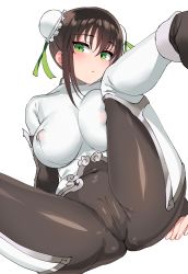 Rule 34 | 1girl, absurdres, blush, bodysuit, breasts, brown hair, bun cover, cameltoe, chinese clothes, closed mouth, covered erect nipples, covered navel, double bun, fate/grand order, fate (series), fingerless gloves, gloves, green eyes, hair bun, highres, knee up, large breasts, looking at viewer, ndgd, parted lips, qin liangyu (fate), sidelocks, simple background, skin tight, solo, spread legs
