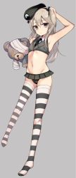 Rule 34 | 10s, 1girl, adapted uniform, arm up, armpits, beret, bikini, boko (girls und panzer), emblem, girls und panzer, grey eyes, hat, long hair, looking at viewer, navel, necktie, revision, selection university military uniform, shimada arisu, silver hair, simple background, solo, striped clothes, striped thighhighs, stuffed animal, stuffed toy, swimsuit, teddy bear, tetsubuta, thighhighs, twintails
