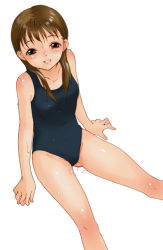 Rule 34 | 1girl, brown eyes, brown hair, copyright request, happy, inuburo, legs, long hair, one-piece swimsuit, school swimsuit, simple background, sitting, solo, swimsuit, wet