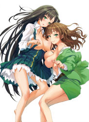 Rule 34 | 10s, 2girls, bad id, bad pixiv id, black hair, blush, breasts, breasts out, brown hair, female focus, green eyes, hinokore, koi to senkyo to chocolate, large breasts, legs, long hair, multiple girls, nose, open clothes, school uniform, shinonome hazuki, shinonome satsuki, siblings, simple background, sisters, smile, sumiyoshi chisato, underboob, very long hair, white background
