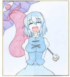 1girl :d ^_^ blue_hair breasts closed_eyes facing_viewer female_focus happy head_tilt juliet_sleeves karakasa_obake large_breasts long_sleeves meguru_(mm-da) open_mouth puffy_sleeves shikishi short_hair skirt smile solo tatara_kogasa tongue touhou tunic umbrella