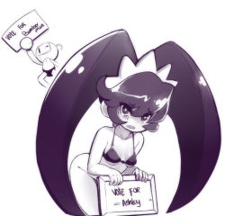 Rule 34 | 1girl, ashley (warioware), big hair, bikini, bikini top only, blush, bomberman, bottomless, breasts, cameo, commentary, convenient censoring, holding, holding sign, long hair, nintendo, sho-n-d, sign, small breasts, solo focus, super smash bros., swimsuit, twintails, underboob, very long hair, warioware, white bomberman