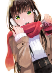Rule 34 | 1girl, bad id, bad pixiv id, belt, belt buckle, black belt, blunt bangs, blush, brown hair, brown jacket, buckle, can, dutch angle, earmuffs, green eyes, hair ornament, hairclip, hands up, holding, holding can, jacket, kawaoka sachio, kurosawa dia, long sleeves, looking at viewer, love live!, love live! school idol festival, love live! sunshine!!, mole, open clothes, open jacket, parted lips, red scarf, ribbed sweater, round teeth, scarf, simple background, sleeves past wrists, solo, sweater, teeth, upper teeth only, white background, white sweater