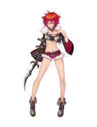 Rule 34 | 1girl, ankle boots, belt, boots, breasts, collar, collarbone, crop top, cropped jacket, dagger, full body, fur trim, holding, holding weapon, jacket, knife, long sleeves, medium breasts, midriff, navel, official art, open clothes, open jacket, parted lips, red hair, scar, short hair, shorts, simple background, smile, solo, standing, tenshi mikadokuni, weapon, white background, wide sleeves, yellow eyes
