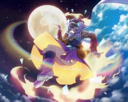 Rule 34 | 1girl, :o, belt, black belt, black legwear, blue eyes, boots, cape, cloak, cloud print, dress, full body, full moon, hairband, highres, knee boots, long sleeves, moon, multicolored clothes, multicolored dress, multicolored hairband, night, night sky, patchwork clothes, pink footwear, pointing, pointing down, pointing up, purple hair, rainbow, rainbow gradient, red button, short hair, sky, sky print, tenkyuu chimata, touhou, two-sided cape, two-sided fabric, ultragruntyy, white cape, white cloak, yellow bag, zipper, zipper pull tab