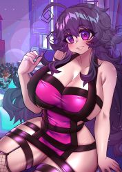 Rule 34 | 1girl, absurdres, ahoge, bare shoulders, blush, breasts, cleavage, curvy, drawing (object), dress, eyebrows, fishnet legwear, fishnets, garter belt, highres, huge breasts, long hair, looking at viewer, nyarla (osiimi), original, osiimi, photo (object), picture frame, pink dress, plant, purple eyes, purple hair, revealing clothes, sitting, solo, thick thighs, thighs, wide hips, window
