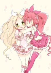 Rule 34 | 10s, 2girls, beamed quavers, blonde hair, bow, cure melody, cure rhythm, closed eyes, happy, highres, houjou hibiki, hug, hug from behind, long hair, magical girl, minamino kanade, multiple girls, musical note, pink bow, pink hair, pink legwear, ponytail, precure, pylorichoco, quaver, smile, suite precure, thighhighs, twintails, white background, yellow eyes