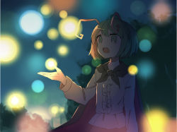 1girl :o antennae black_cape blouse busujima_(kusahana) cape female_focus glowing green_eyes green_hair highres light_particles long_sleeves looking_up nature night open_mouth outdoors shirt short_hair sleeve_cuffs solo touhou white_shirt wriggle_nightbug