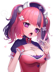 Rule 34 | 1girl, absurdres, bell, bow, breasts, cleavage, cleavage cutout, clothing cutout, commission, fang, hair bell, hair ornament, hand on own chest, hat, heart, heart in eye, highres, holding, holding syringe, horns, ironmouse, ironmouse (nurse), jewelry, looking at viewer, medium breasts, multicolored hair, nail polish, neko neko ne katta, nurse, nurse cap, official alternate costume, open mouth, pink bow, pink hair, plus sign, purple hair, purple nails, ring, shrug (clothing), skeb commission, solo, streaked hair, symbol in eye, syringe, twintails, upper body, virtual youtuber, vshojo