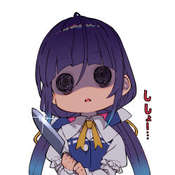 Rule 34 | 1girl, @ @, absurdres, ahoge, blue dress, dress, empty eyes, glint, highres, hinatsuru ai, holding, holding knife, juliet sleeves, knife, long hair, long sleeves, low twintails, neck ribbon, puffy sleeves, purple hair, ribbon, ryuuou no oshigoto!, shirabi, smile, solo, twintails, two-handed, upper body, white background, wide-eyed, yandere, yellow ribbon