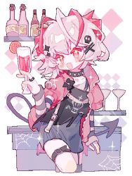 Rule 34 | 1girl, :d, arknights, blush stickers, bottle, cocktail glass, cup, drinking glass, grey hair, grey skirt, hair ornament, highres, holding, holding cup, jacket, looking at viewer, multicolored hair, open clothes, open jacket, open mouth, puffy short sleeves, puffy sleeves, red eyes, red hair, red jacket, saucer (saucer752), shelf, shirt, short sleeves, skirt, skull hair ornament, smile, solo, streaked hair, w (arknights), white background, white shirt