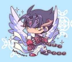 Rule 34 | 1boy, black hair, blue background, chain, claws, devil jin, facial mark, forehead jewel, full body, glint, gloves, grey horns, horns, kazama jin, kotorai, looking to the side, male focus, no nose, outline, red gloves, short hair, signature, solo, standing, tekken, white outline, white wings, wings, yellow eyes