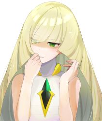 Rule 34 | 1girl, blonde hair, blunt bangs, commentary request, creatures (company), diamond (shape), dress, eyelashes, game freak, gem, green eyes, green gemstone, hair over one eye, hands up, highres, hsin, long hair, looking to the side, lusamine (pokemon), nintendo, parted lips, pokemon, pokemon sm, simple background, sleeveless, sleeveless dress, smile, solo, upper body, white background, white dress