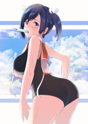 Rule 34 | 1girl, alternate costume, ass, black one-piece swimsuit, blue hair, blue sky, breasts, brown eyes, cloud, commentary, cosplay, cowboy shot, food, highres, i-401 (kancolle), i-401 (kancolle) (cosplay), kantai collection, large breasts, leaning forward, long hair, looking at viewer, mouth hold, one-piece swimsuit, orange sailor collar, popsicle, sailor collar, school swimsuit, shirt, side-tie shirt, sky, sleeveless, sleeveless shirt, solo, souryuu (kancolle), swimsuit, swimsuit under clothes, taisho (gumiyuki), twintails, untied