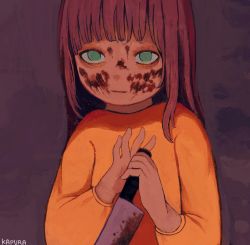 Rule 34 | 1girl, @ @, artist name, blood, blood on face, green eyes, highres, kapura, knife, long hair, long sleeves, original, parted lips, purple background, purple hair, shirt, signature, solo, upper body, yellow shirt