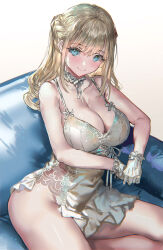 Rule 34 | 1girl, bare arms, bare shoulders, blonde hair, blue eyes, blush, breasts, choker, cleavage, closed mouth, collarbone, commentary request, dress, gloves, highres, large breasts, long hair, original, ran&#039;ou (tamago no kimi), sitting, smile, solo, thighs, white choker