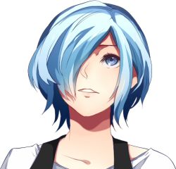 Rule 34 | 1girl, apron, black apron, blue eyes, commentary request, derivative work, g4265059, hair over one eye, kirishima touka, looking up, lowres, parted lips, portrait, shirt, short hair, simple background, solo, teeth, tokyo ghoul, tokyo ghoul:re, white background, white shirt